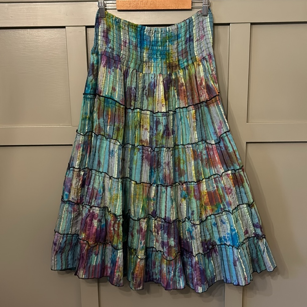Kirat Multicolored Tie Dye Tiered Midi Skirt One Size Made in India